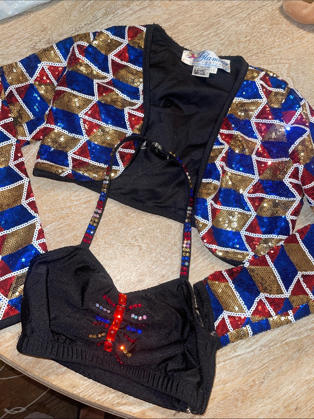 Glamorous Costume Sequin Cropped Bolero Black Beaded Bralette Set Blue/Gold/Red